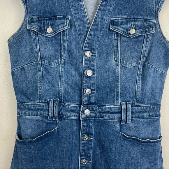 PAIGE Jaxson Blue Denim Mini Dress Womens 10 Vneck Cotton Pockets Classic - Picture 6 of 12